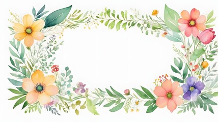 Fototapeta premium Floral frame with watercolor flowers and leaves. Hand drawn water color illustration.