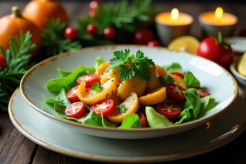 Herring under fur coat salad, festive table with garland , vertical, jar