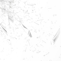 Broken glass shards flying in chaotic motion