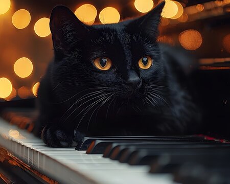 Enigmatic Black Cat on a Grand Piano
