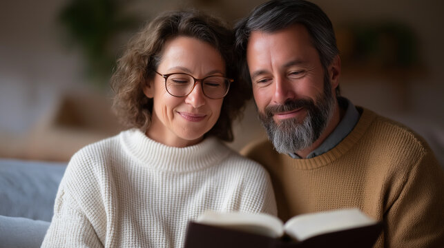 Christian couple reading Bible together in cozy home