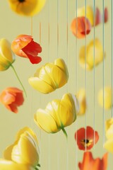 Vibrant tulips in yellow and red hues appear behind vertical glass or light refraction lines, creating an abstract floral effect.