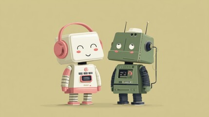 A cute robot couple, simple flat vector illustration with solid colors and soft lines, pink headphones on its head, cream background, full body portrait, minimalist style, cartoon characters.