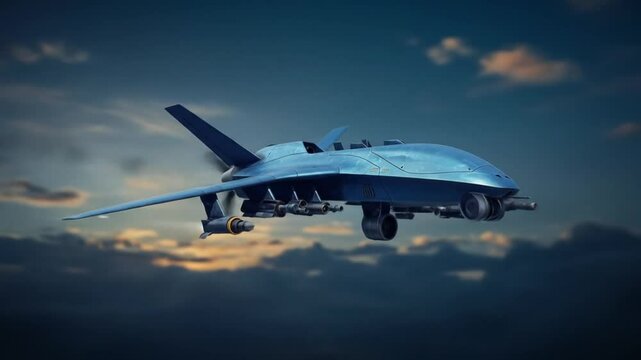 A blue drone with missiles flying in the sky with clouds during the daytime for military use