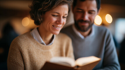 Christian couple reading Bible in Sunday school warm light