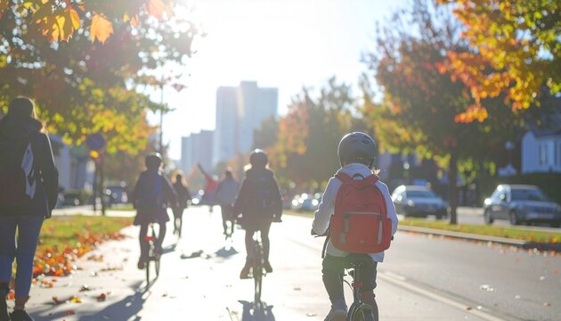 group of school children riding bicycles together on sunny autumn morning with backpacks on city street, active transportation, healthy lifestyle, back to school concept with urban fall background - Powered by Adobe