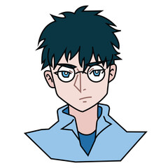Smart casual styled perfectionist boy with glasses and blue shirt outlined illustration isolated on square white background.