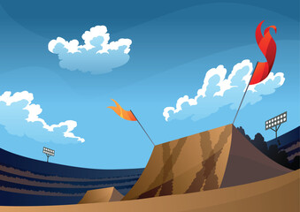 Background for jumping monster truck show. Burning springboards for car with large tires, rally 4x4 computer or mobile game. Vector cartoon illustration © the8monkey