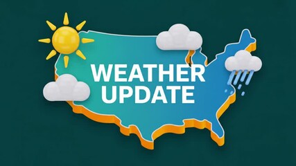 Weather update over us map with sun and rain clouds in cartoon style design