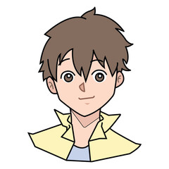 Kind boy with sincere smile and brown hair wearing yellow shirt. Outlined illustration on white background.