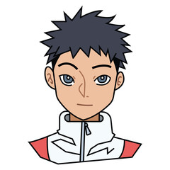 Athletic sporty boy with spiky black hair and gym clothes outlined illustration on white background.