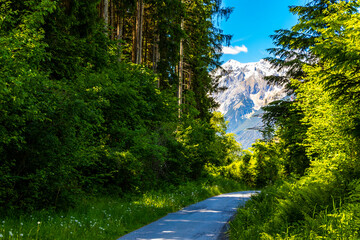 Road path and trail in Lechtal Austria alpine mountain landscape.
