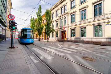 Tram on the street in Oslo, Norway. Life on the street of the Norwegian city of Oslo.