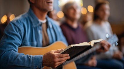 Family Worship in a Cozy Church with Bible and Guitar