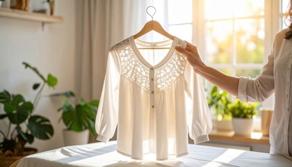 Woman Inspecting White Lace Blouse