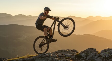 A mountain biker performs a wheelie at sunset atop a rocky mountain peak