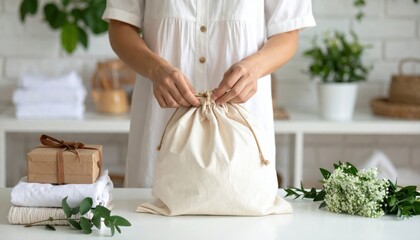 Woman Tying Eco-Friendly Cotton Bag In Home Decor Setting