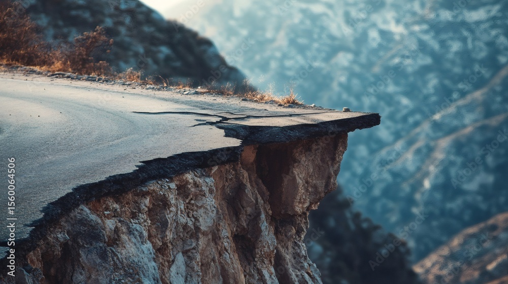 Aufkleber seismic waves are fracturing a mountain road, creating a dangerous cliff and highlighting the destru