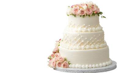 white wedding cake with roses on white background