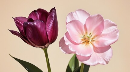Obraz premium Close-up of pink and purple tulips against soft beige background