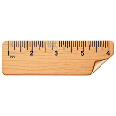 Wooden ruler with inch markings and a peeled corner isolated on transparent background