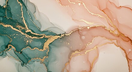 Fototapeta premium Fluid acrylic pour painting with gold accents in green and pink hues