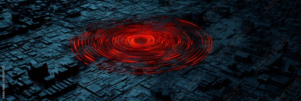 Poster Red seismic waves are expanding in concentric circles from the epicenter of an earthquake on a dark textured surface, representing the power and destruction of nature