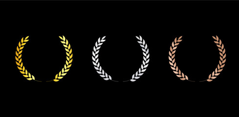 laurel wreath set. Gold, Silver, Bronze Laurel Wreath Badge Set – Award, Trophy & Winner Icons - Award Laurel Wreath Emblems – Gold, Silver, Bronze Vector Badges for Winners