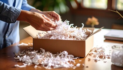 Hands Filling Cardboard Box With Shredded Paper
