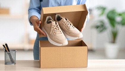 Woman Unboxing Light Beige Sneakers In Cardboard Box
