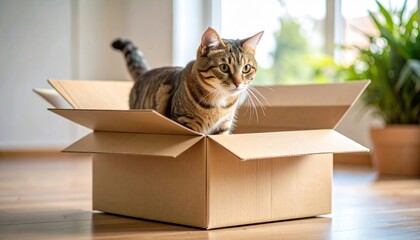 Tabby Cat Exploring Cardboard Box Indoor