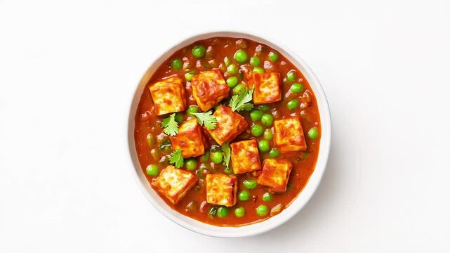 Matar paneer in bowl, Cinematic rotation of North Indian curry made with paneer (cottage cheese) and green peas, 4k video 