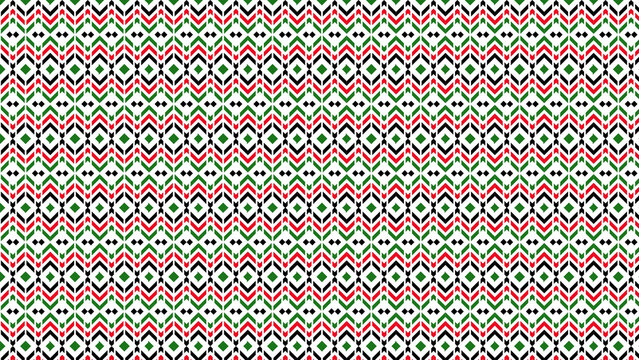 Repeating pattern of green red and black diamonds and chevrons on a white background design texture