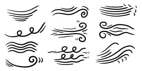 Hand drawn doodle style wind swirls and air flow lines vector illustration