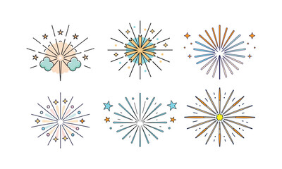 Obraz premium Set of Six Hand-Drawn Fireworks – Colorful Cartoon Explosions with Stars and Bursts in Various Styles