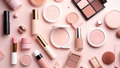 Pastel Makeup Products Flatlay On Pink Background