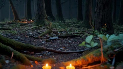 Candles flicker in a foggy forest, creating a spooky ambiance for a captivating story. Paranormal mystical legends