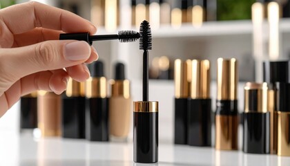 Hand Applying Black Mascara Near Cosmetics Display