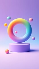 Abstract pastel product display with rainbow torus and spheres for modern presentation art
