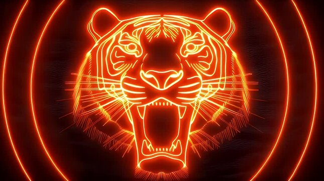 咆哮する虎のネオンアニメーション｜Animation of a roaring tiger head in neon lights