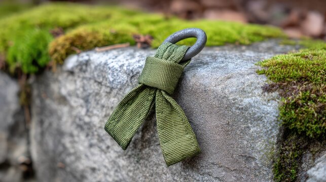 A loop tie-down anchor from tent base shown against a mossy stone surface with empty area