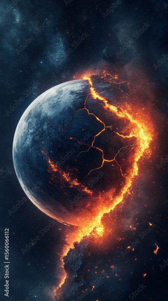 Aufkleber violent seismic tremors splitting planetary crust, ejecting molten magma into cosmic void, generatin