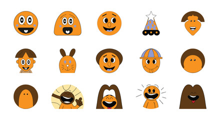 Obraz premium Set of Sixteen Unique Cartoon Faces in Orange Tones – Expressive Character Illustration Grid
