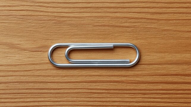 A metal paper clip centered on a wooden surface, minimal composition with space around