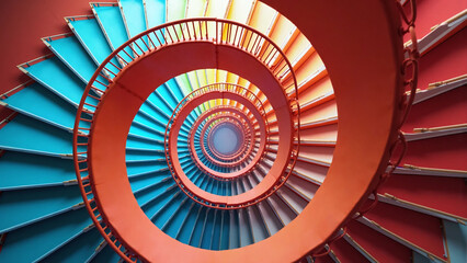 Endless rainbow spiral staircase in a surreal architectural space.