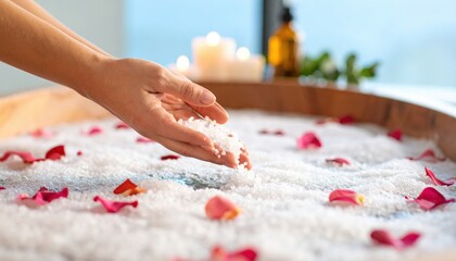 Hands Pouring Salt Over Rose Petals In Wooden Bowl