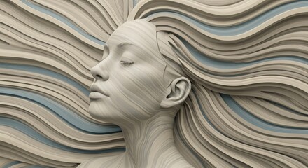 Abstract portrait of a woman with flowing beige and blue hair
