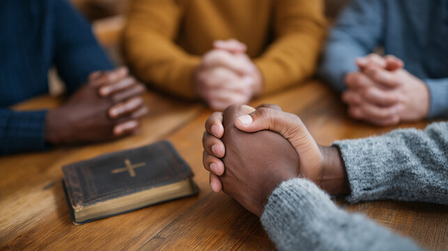 Christian group praying with Bible around wooden table in church