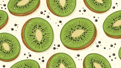 Fototapeta premium A cheerful and stylized illustration with a repeating design of sliced kiwis, presented in an appealing, slightly textured art style.