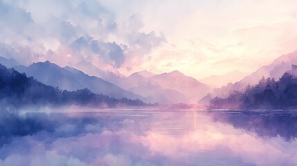 Fototapeta premium A softly brushed watercolor landscape depicting a soft sky, tranquil lake, and majestic mountains in a dreamy art style.